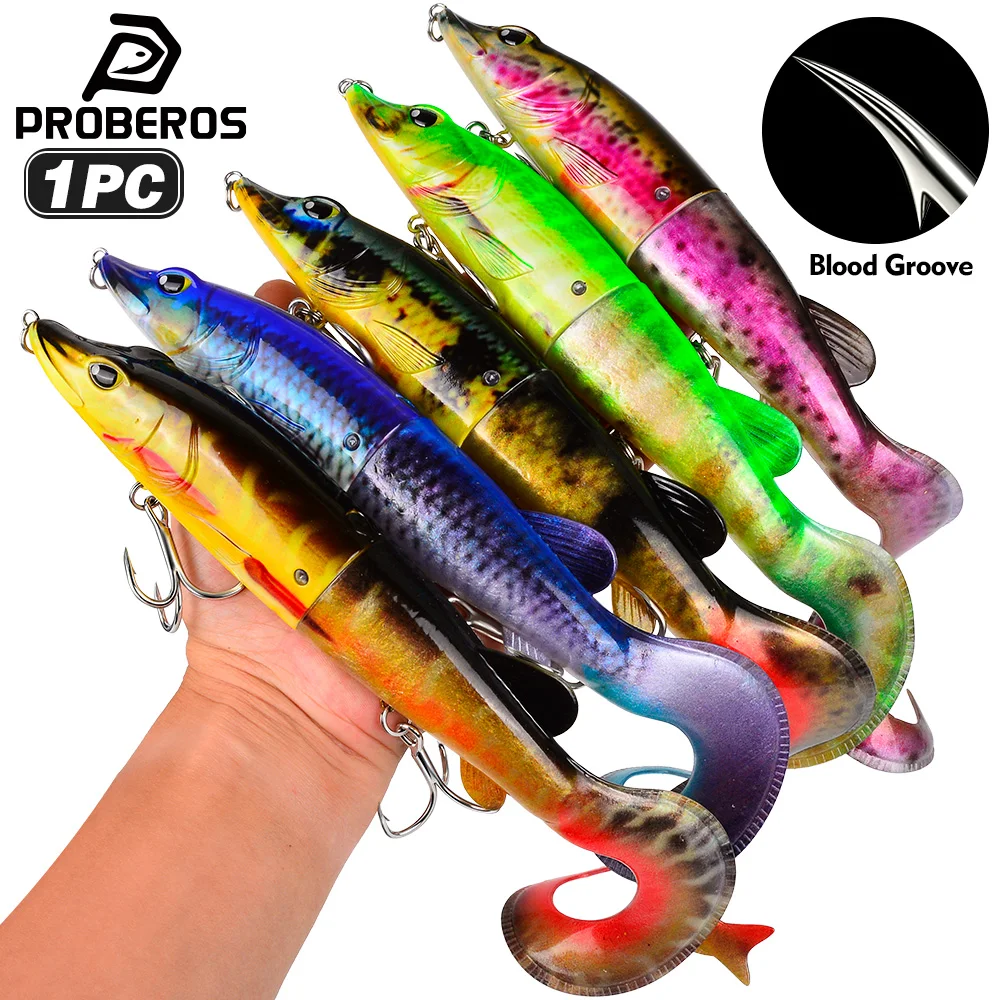 PROBEROS 1PC 2-Segment Jointed Swimbait Curly Tail Lifelike Pike Shape Sinking Hard Bait Treble Hook Saltwater Bass Fishing Lure