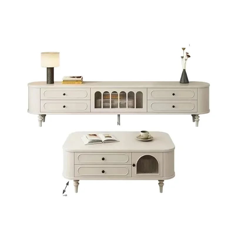 DSA cream wind TV cabinet coffee table combination solid wood light luxury high-end living room white arc edge locker