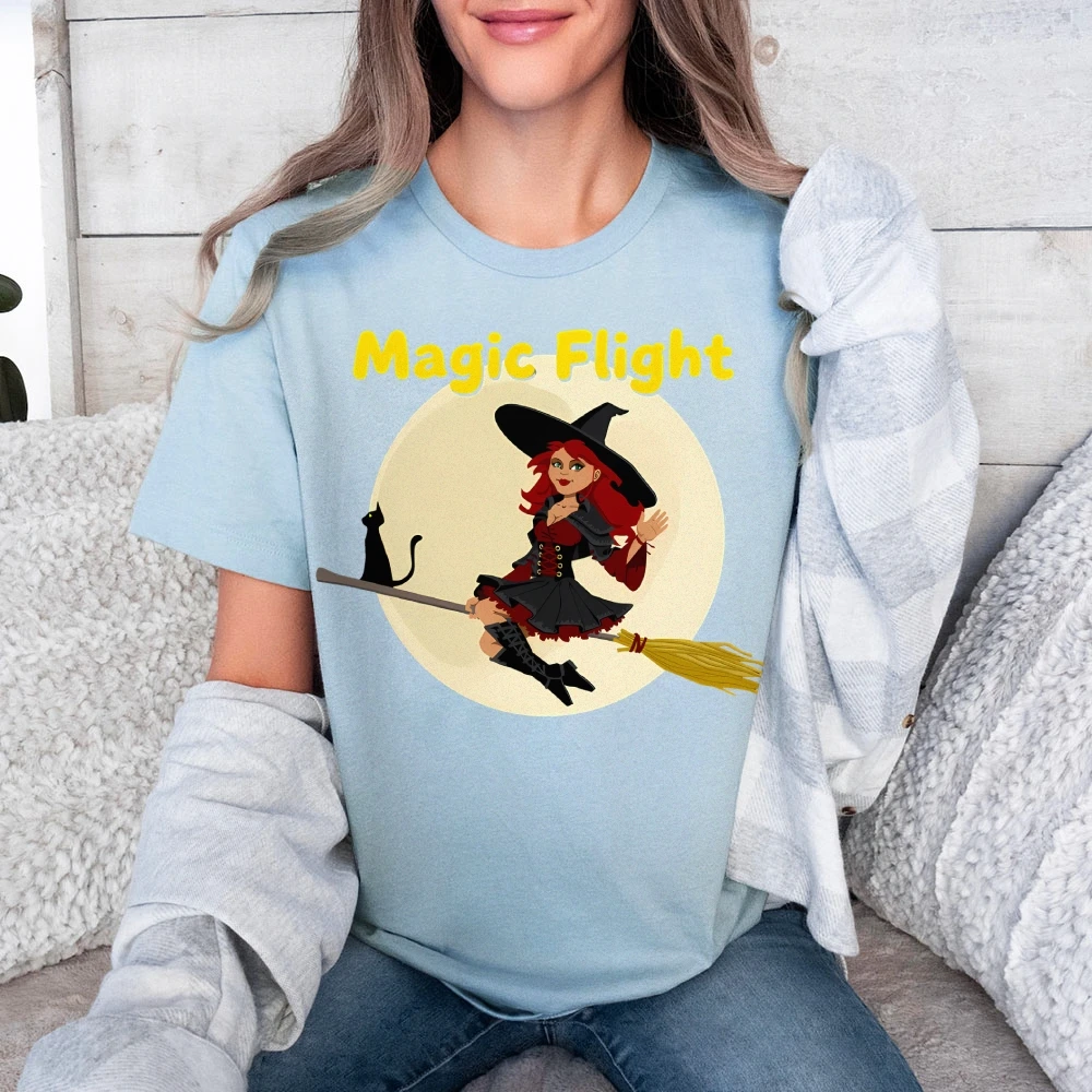 Y2K Abbigliamento da donna T-shirt casual in cotone Girocollo T-shirt grafiche Street Wear Cartoon Strega Luna Scopa Gatto nero Magia