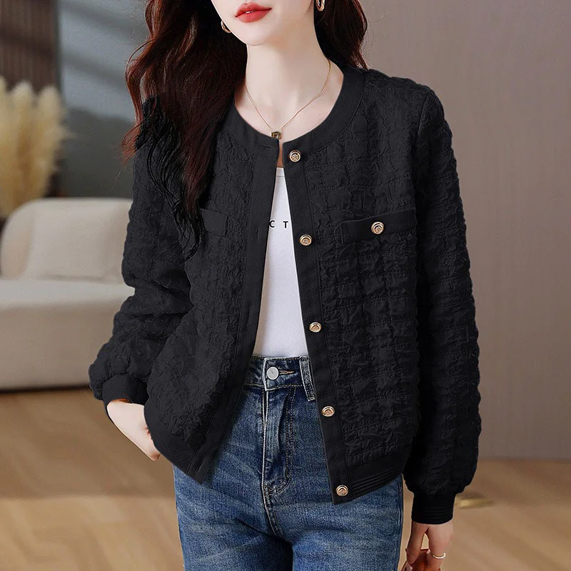 2024 Women Jacket Fashion Round Neck Spring Autumn Korean Short Long Sleeved All-Match Ladies Windbreaker Loose Outerwear