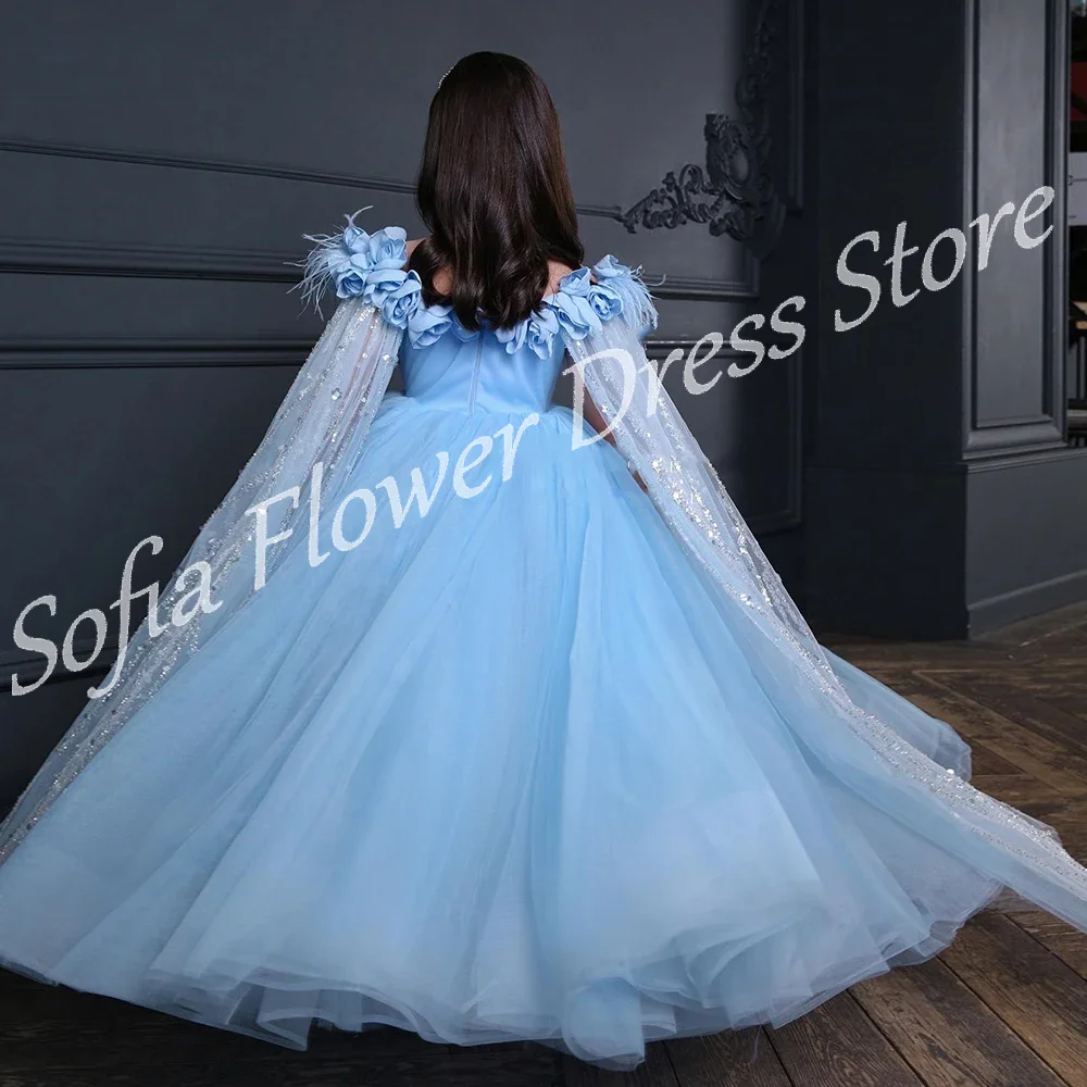 

Princess Blue Flower Girl Dress Sequined Off Shoulder Cap Sleeves Tulle Floor Length Dresses Girls Birthday First Communion Gown