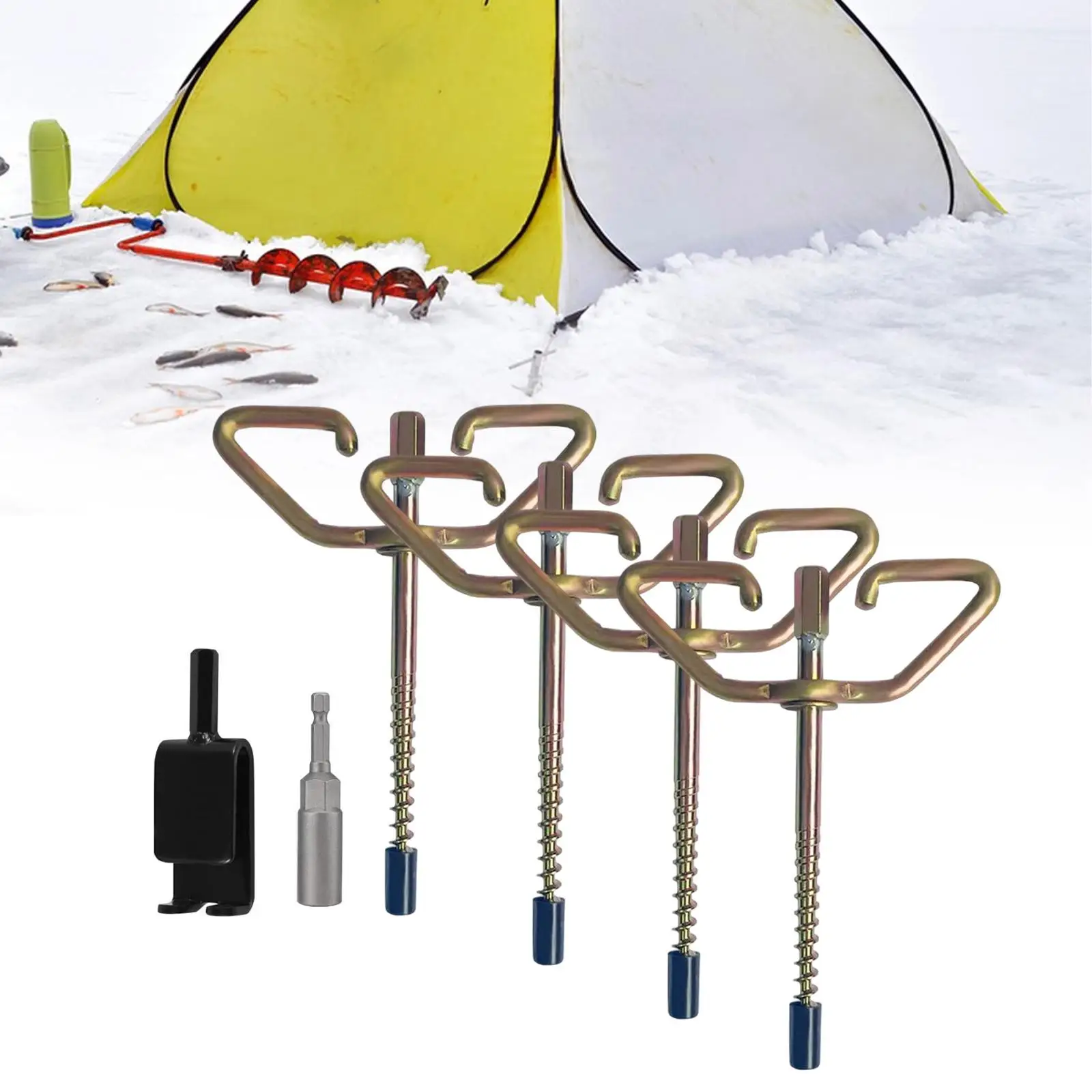 4 Pieces Ice Fishing Anchors Ice Fishing Shelter Anchor Ice Anchor Drill Adapter Sturdy Tent Pegs with A Socket Tent Stakes