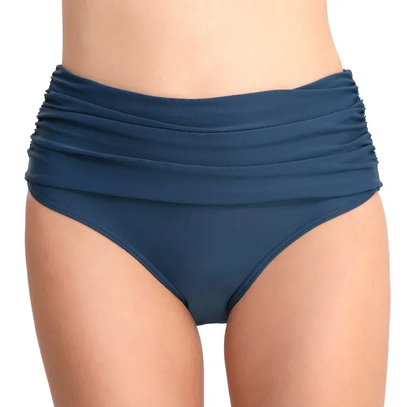 Pantalones cortos de baño de cintura alta para mujer, ropa de baño con Pliegues elásticos, ajustados, de Color sólido, con copas extraíbles