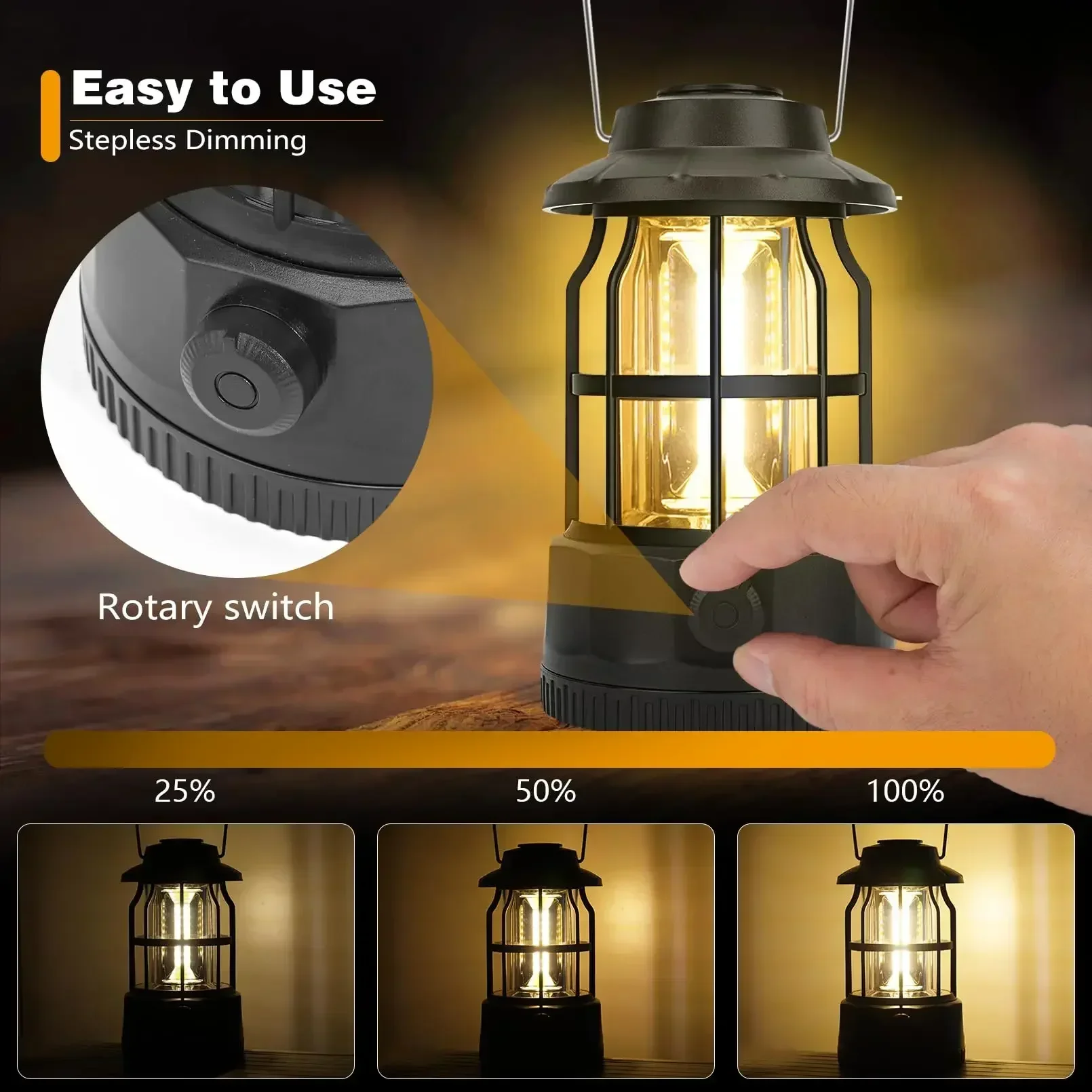 LED Camping Lantern Vintage Camp Light Camping Lights, Rechargeable, Portable, Waterproof, 1200mAh, Outdoor Tent Bulb, Outages