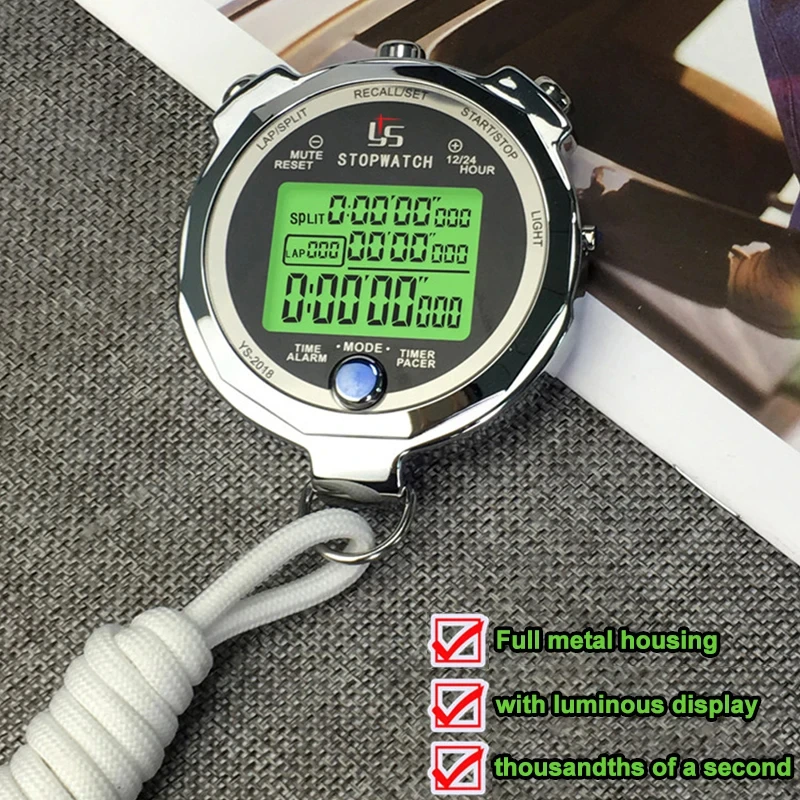 0.001s Precision Metal Digital Stopwatch Professional Portable Luminous Sports Running Training Timer 100/200 Channels Memory