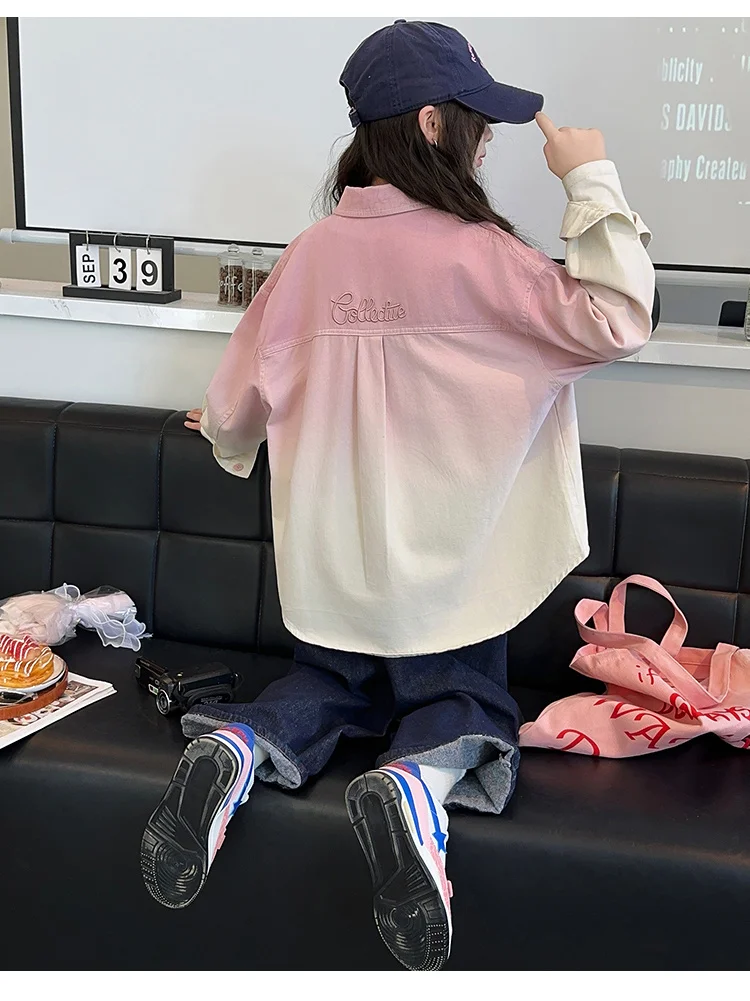Langarm-Kinderbluse mit Farbverlauf für Mädchen 14 13 12 11 10 9 8 7 6 5 Jahre Kinder Stilvolles Baumwollhemd in Bonbonfarben für Teenager Rosa Grün – Detail 10
