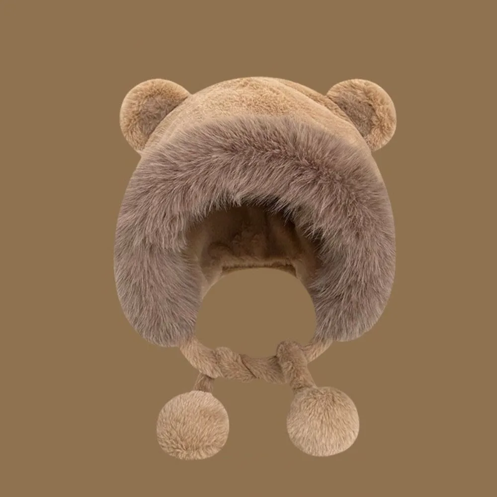 Cute Warm Winter Hat Lacing Ear Protection Bear Ears Hat Velvet Woolen Bucket Hat Women