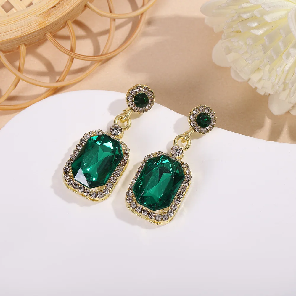 Vintage Style S925 Water Diamond Emerald High Grade Simple Zircon Square Net Red Earrings Green Jewelry Wholesale Chic Earrings