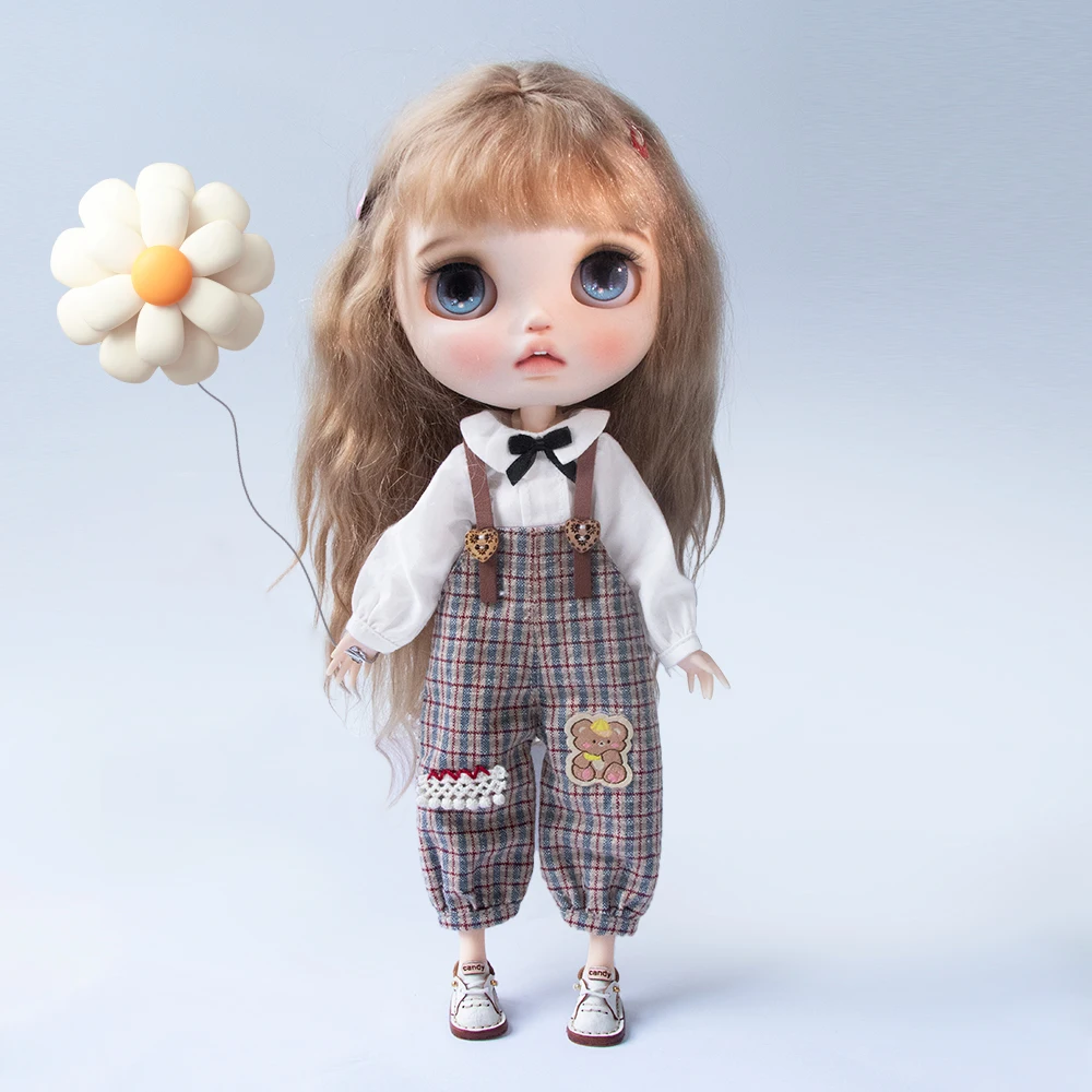 Blyth Clothing Casual Plaid Overalls Jumpsuits Pants Long Sleeve Lapel Shirts for Ymy Licca Azones Ob22 24 Ob27 Doll Accessories