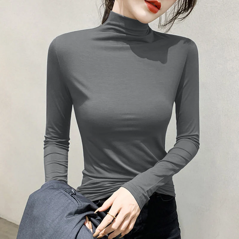 Half High Collar Bottoming Shirt Women's 2024 Autumn Winter New Slim Pullover Korean Female Solid Color Long Sleeve T-shirt