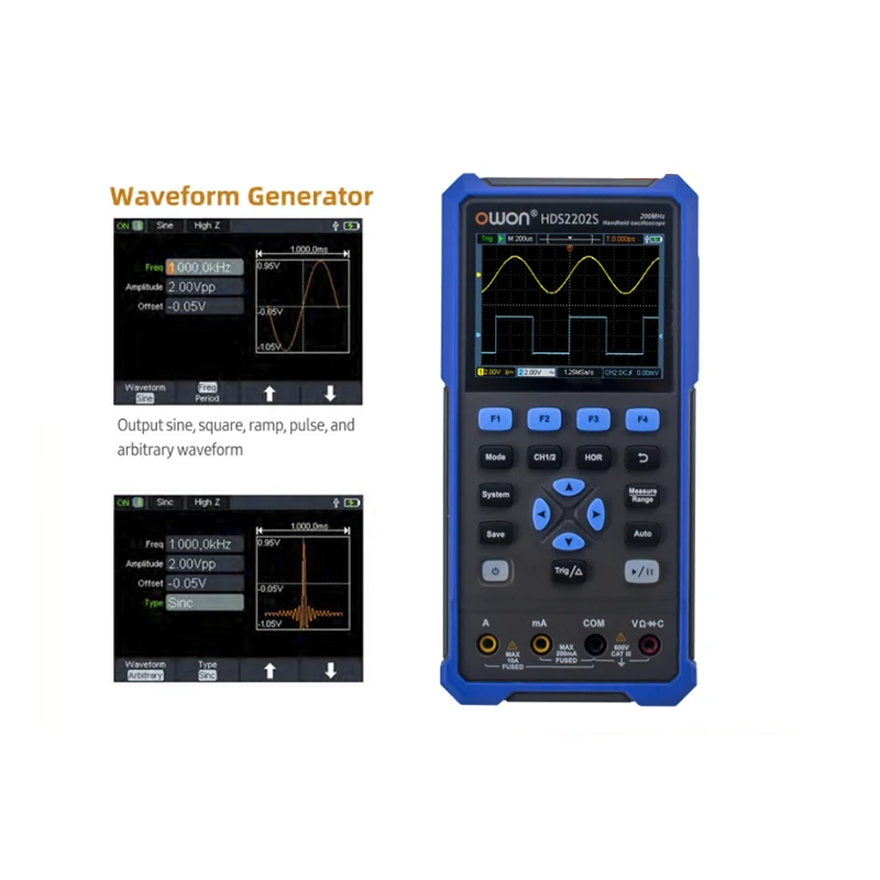 

HDS2202S Multifunction Oscilloscope 200MHz Bandwidth 1GSa/s Sample Rate Digital Oscilloscope Multimeter Waveform Generator