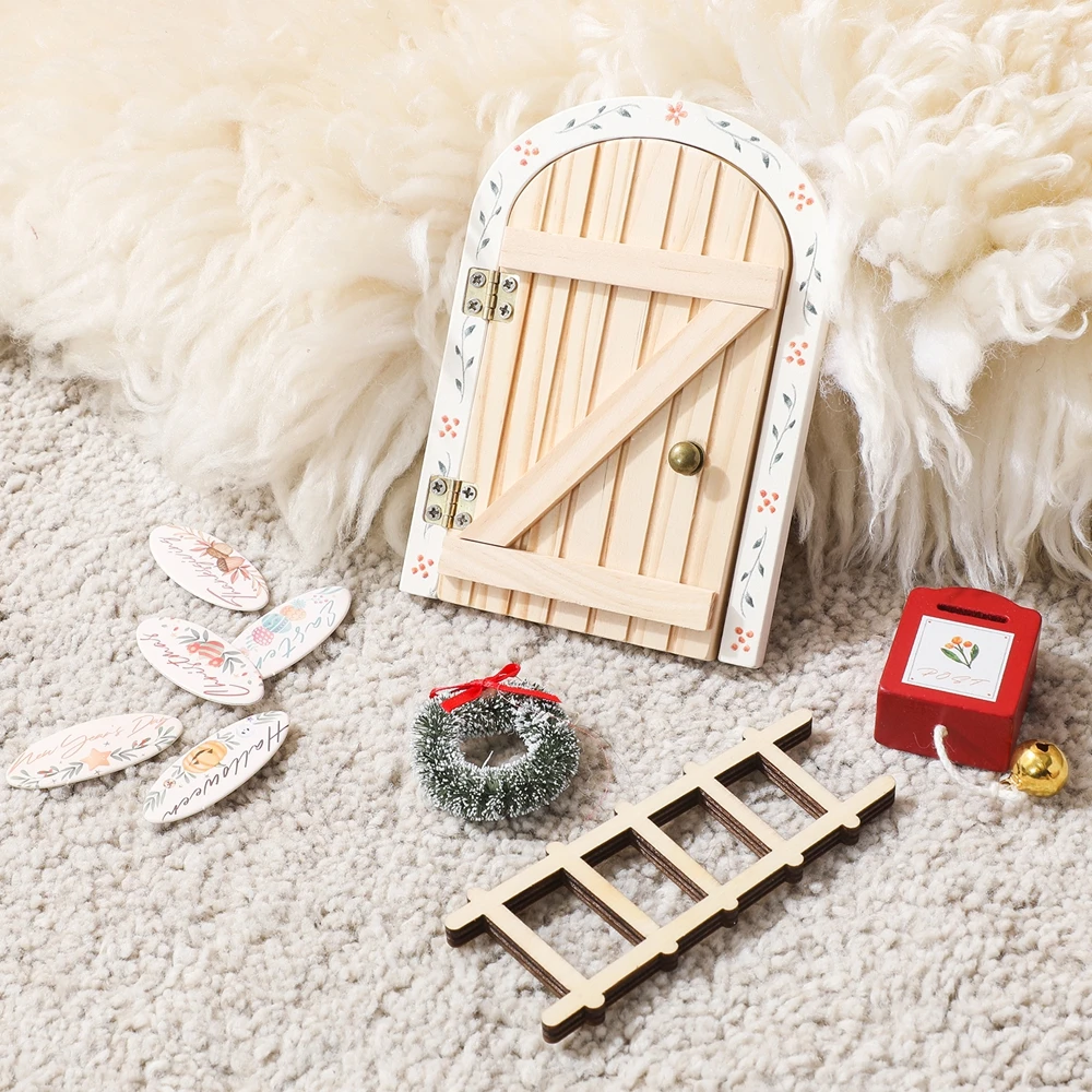 Mini Home Decorations Cartoon Christmas Room Decoration Dollhouse Wood Fairy Elf Door Fairy-tale-styl Decoration Craft Ornaments