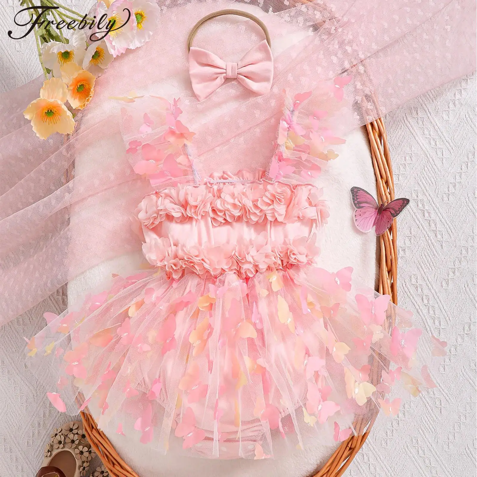 

Baby Girls Summer Tulle Romper Sleeveless Ruffled Flower Petal Butterfly Dress with Headband Holiday Birthday Party Kids Clothes