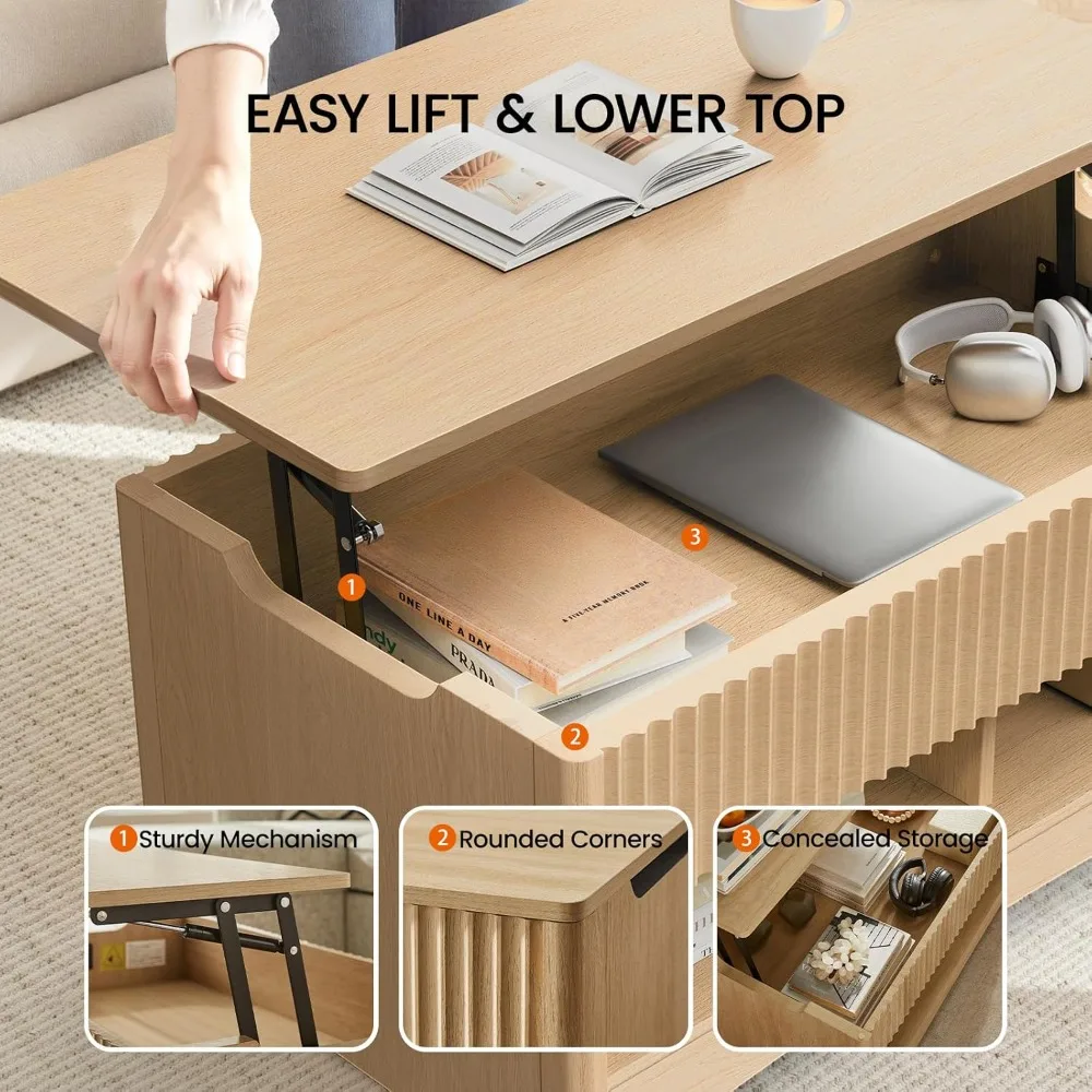 Coffee Table Fluted Lift Top, 35.2" Wood Table with Storage Shelf & Hidden Compartment, Modern Rectangle Center Table for