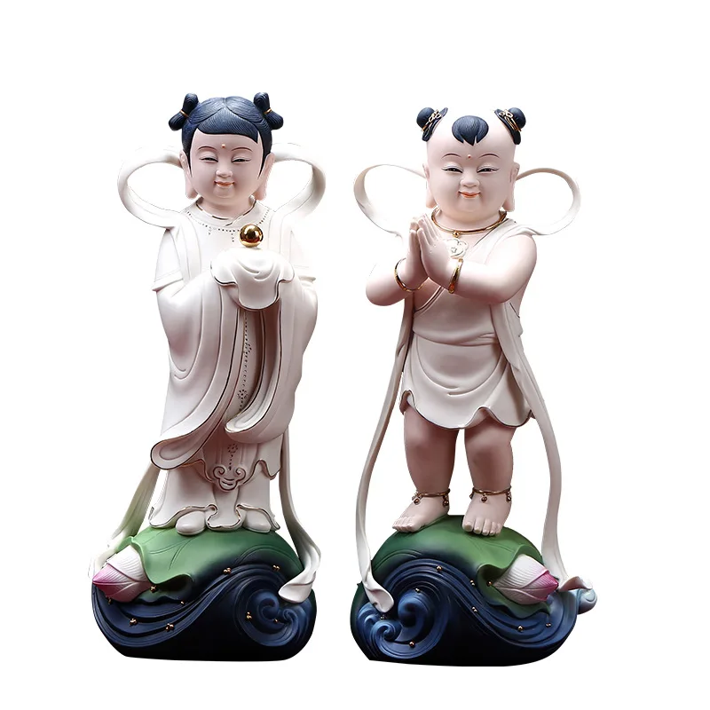Ceramic sculpture, golden boy and jade girl Buddha statue ornament dedicated to Guanyin