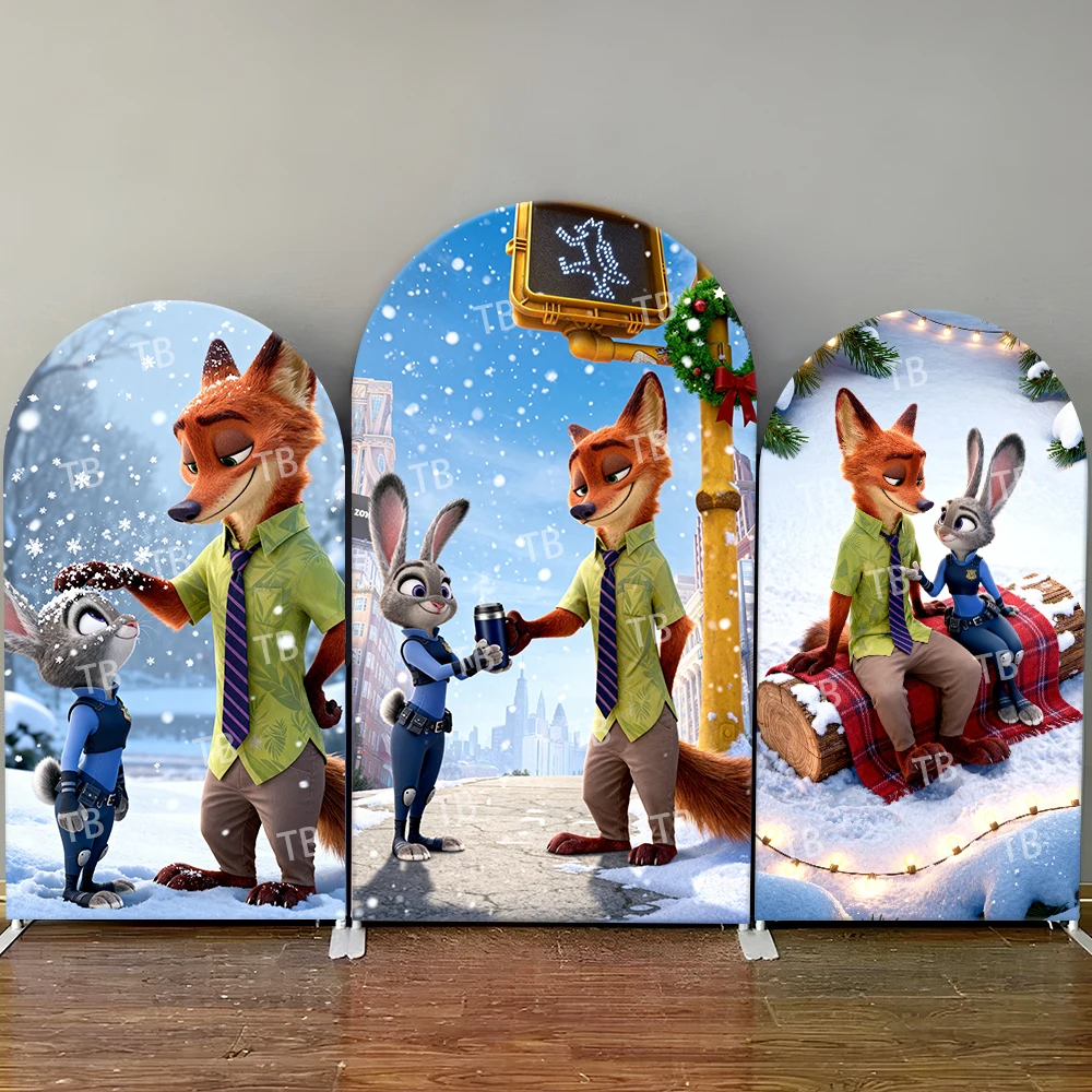 

Zootopia Nick Judy Winter Snow Scene Christmas Decor Arch Backdrop Cover Photo Booth Prop for Holiday & Kids Party Celebrations