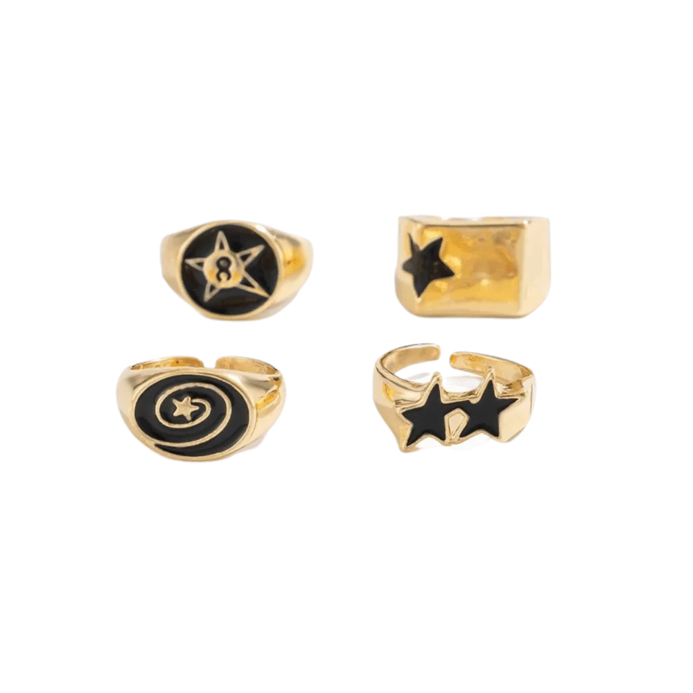 4pcs Irregular Design Geometric Open End Rings Black Five-Pointed Star Bold Design Stainless Steel Rings Vintage Knuckle