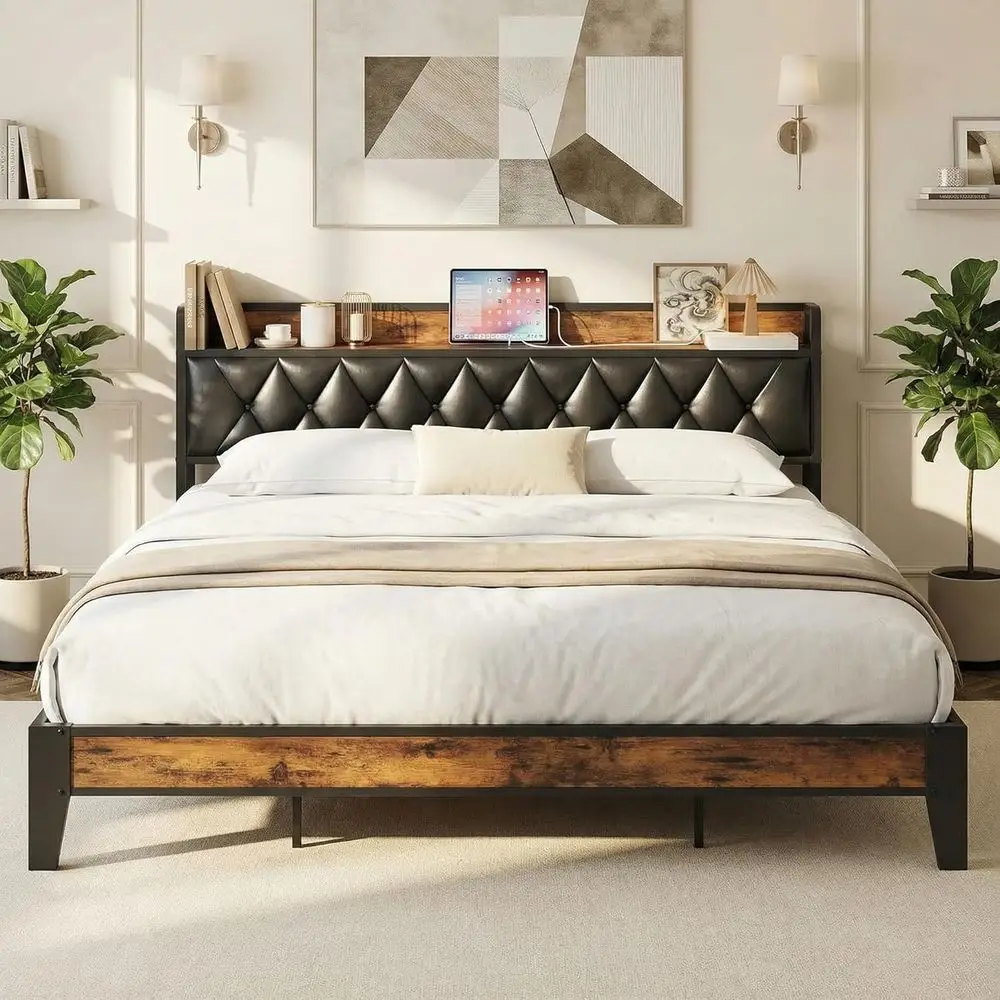 ANCTOR King Bed Frame, Storage Headboard with Outlets, Easy to Install, Sturdy and Stable, No Noise, No Box Springs Needed, Rust