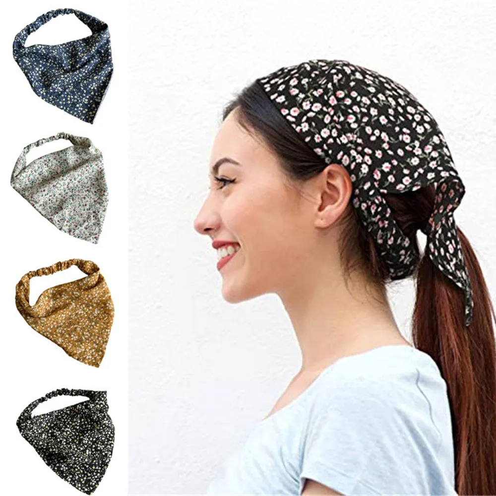 Pastoral Style Floral Triangle Headband For Woman Girls Bohemia Stretch Turban Summer Sunscreen Bandana Hair Band Head Scarf