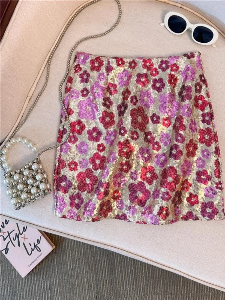 Hot Sexy Women Fashion Sequins Shiny Mini Skirts Colorful Little Flowers Print Slim Fit Above Knee Bodycon Chic Party Wrap Skirt