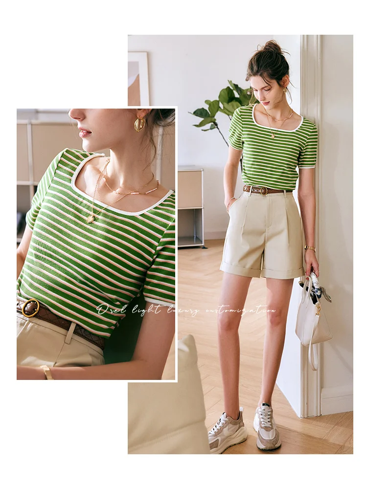 OLrain Gestreept T-shirt met korte mouwen Dames Zomer Tops 2025 Katoenmix Contrast Slanke T-shirts Vrouwelijke kleding O22XT61165
