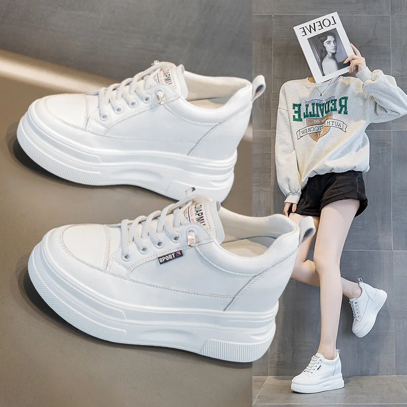 Women's Spring and Autumn New Style Thick soled Slope Heel with a Height Increase of Within 10cm  Casual Low cut White Shoes