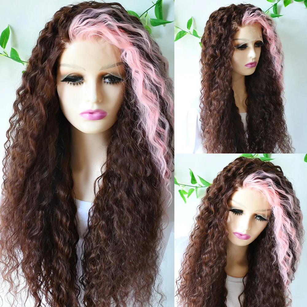 Pink Brown 13x4 Long Curly Lace Front Wigs Glueless Synthetic Lace Front Wig For Women Loose Wave Wig Cosplay Party