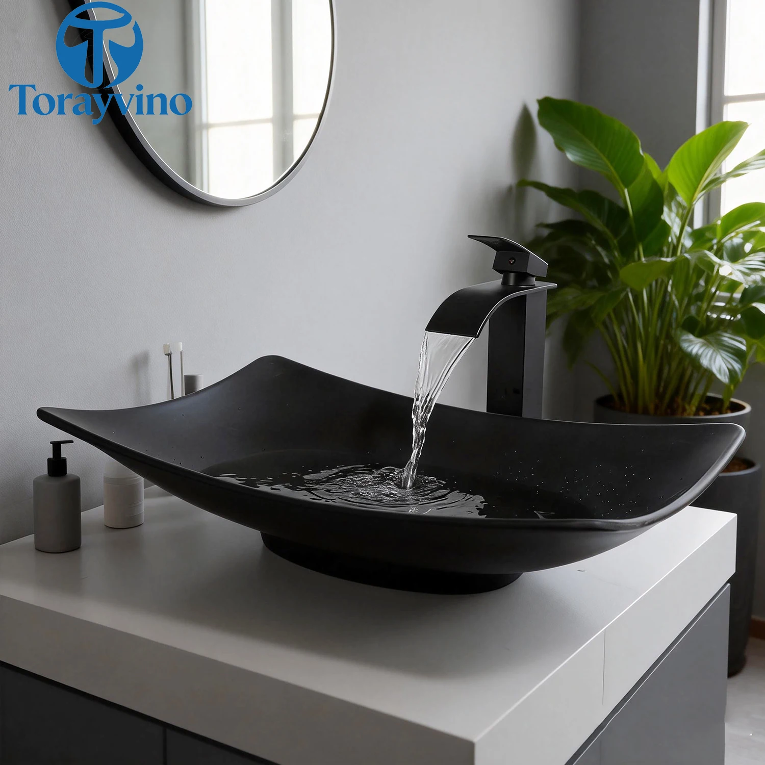 Torayvino Bathroom Basin Sink Set with Matte Black Faucet Pop Up Drain Hot and Cold Waterfall Mode Mixer Faucets Sink Taps view 2