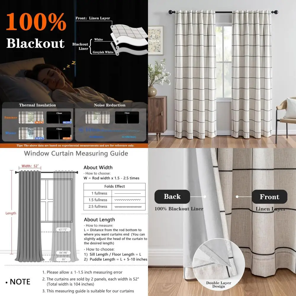 

Термоизолирующие светонепроницаемые льняные шторы в стиле фермерского дома, 84 дюйма в длину, комплект из 2 панелей, 52 дюйма в ширину, двойной слой для защиты от посторонних глаз