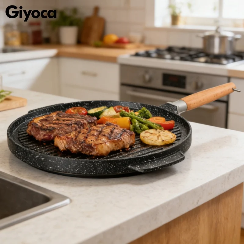 Giyoca-plato redondo para barbacoa, bandeja para hornear Pizza con revestimiento de piedra médica, sartén antiadherente de doble cara, herramientas para barbacoa y acampada