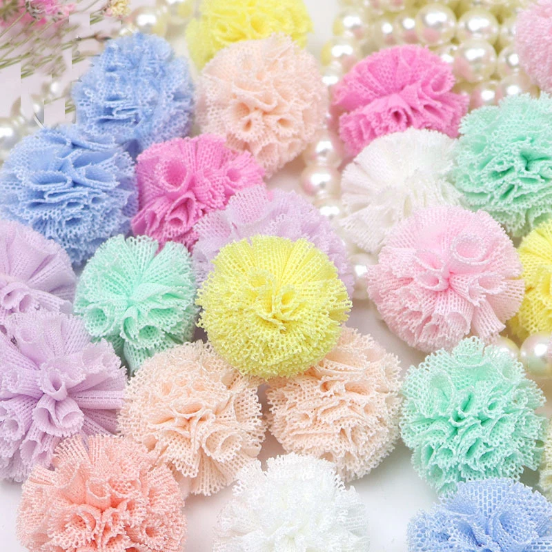 20mm Lace Gauze Pompones Elastic Flowers Pompoms Ball Mesh Pendant for Hair Clip DIY Crafts Garment Decor Sewing Accessories