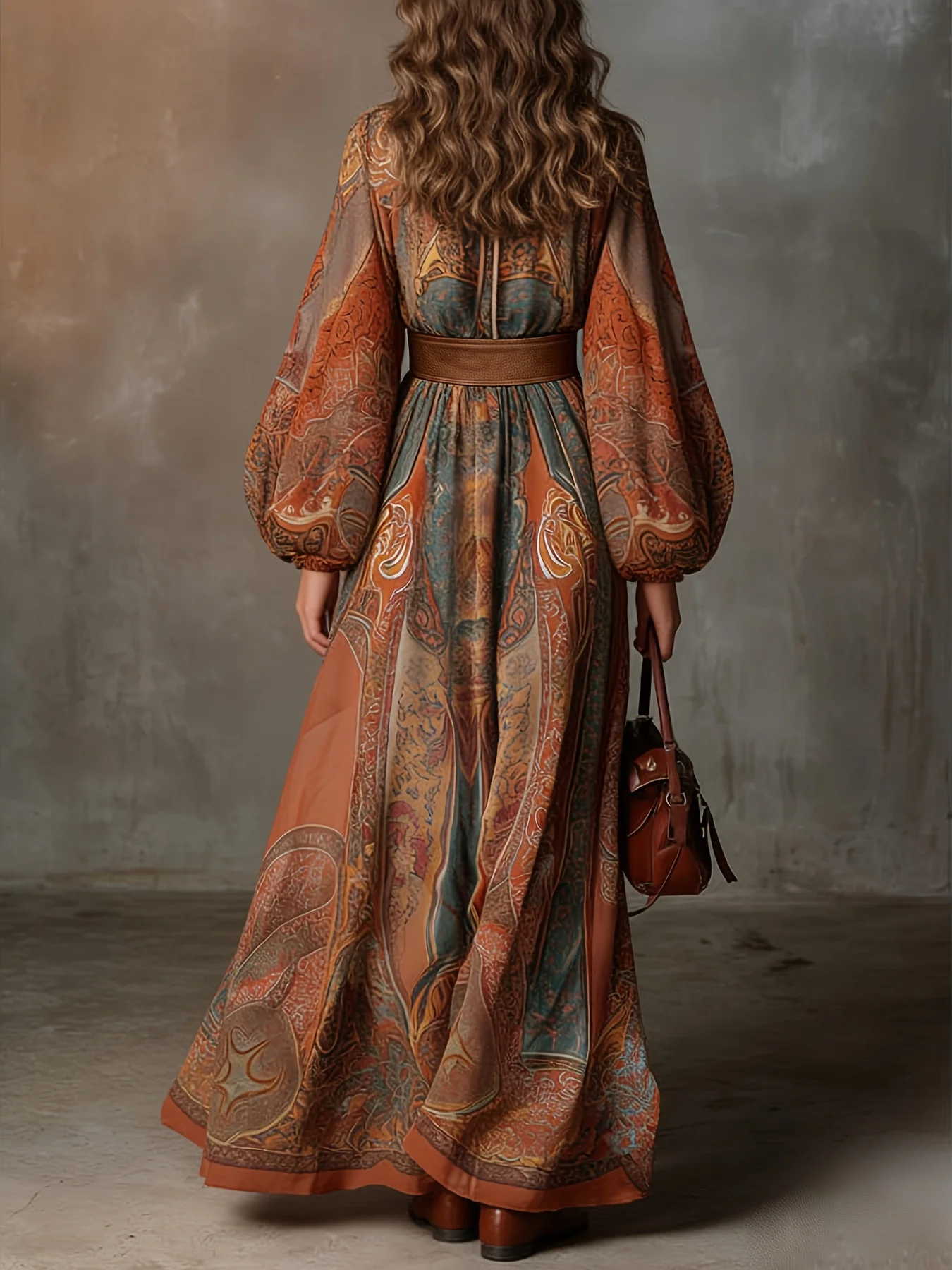 Spring/Summer Elegant New Women's Loose Drapy Fashion Print Belted Slimming Commute Lantern Sleeve Dress