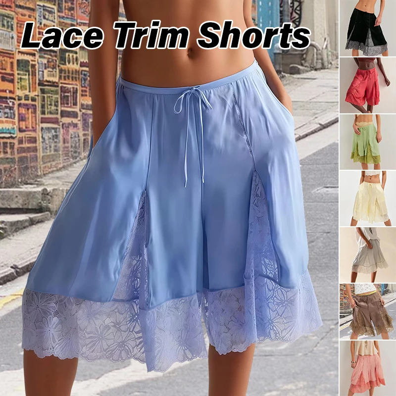 Summer Women Lace Floral Bloomers Pants Silk Satin Patchwork Ruffles Loungewear Boxers Coquette Half Slip Midi Pants Streetwear