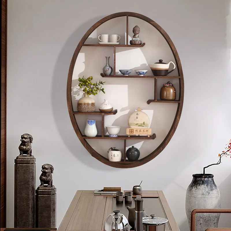 

Oval Tea Set Wall Organizer, Vintage Grid Display & Storage Rack for Cups Teapot,Solid Wood Space-Saving Shelf,Perfect for Home