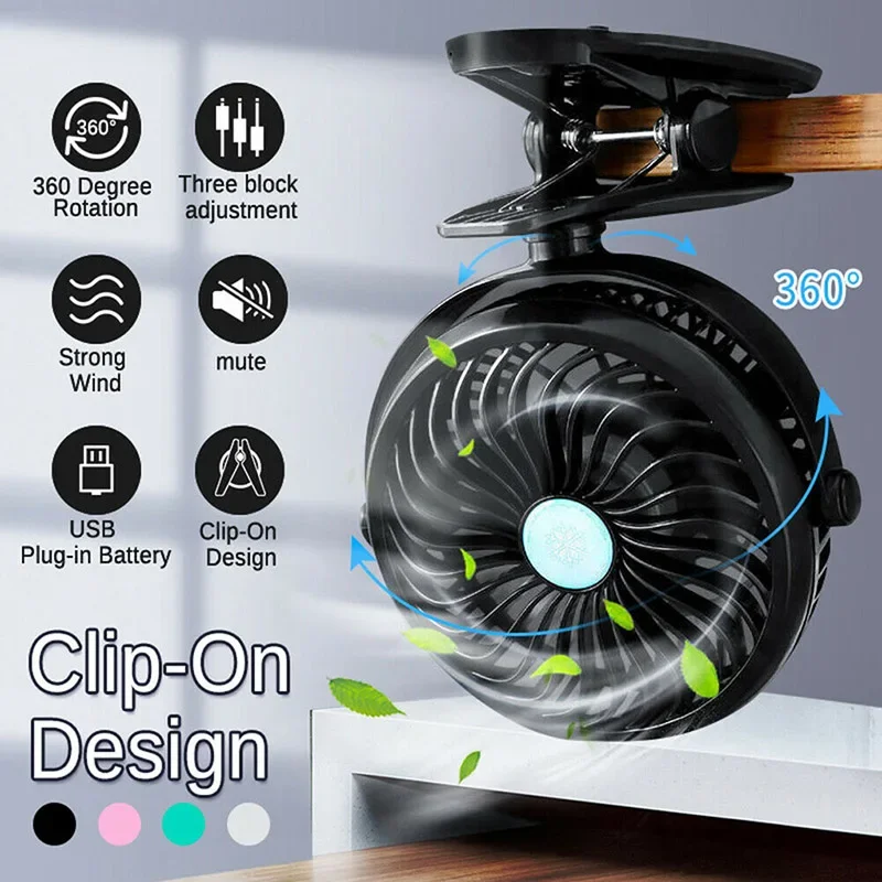 Ventilateur à pince aste par USB, ventilateur à pince portable, ventilateur rotatif à 360 °