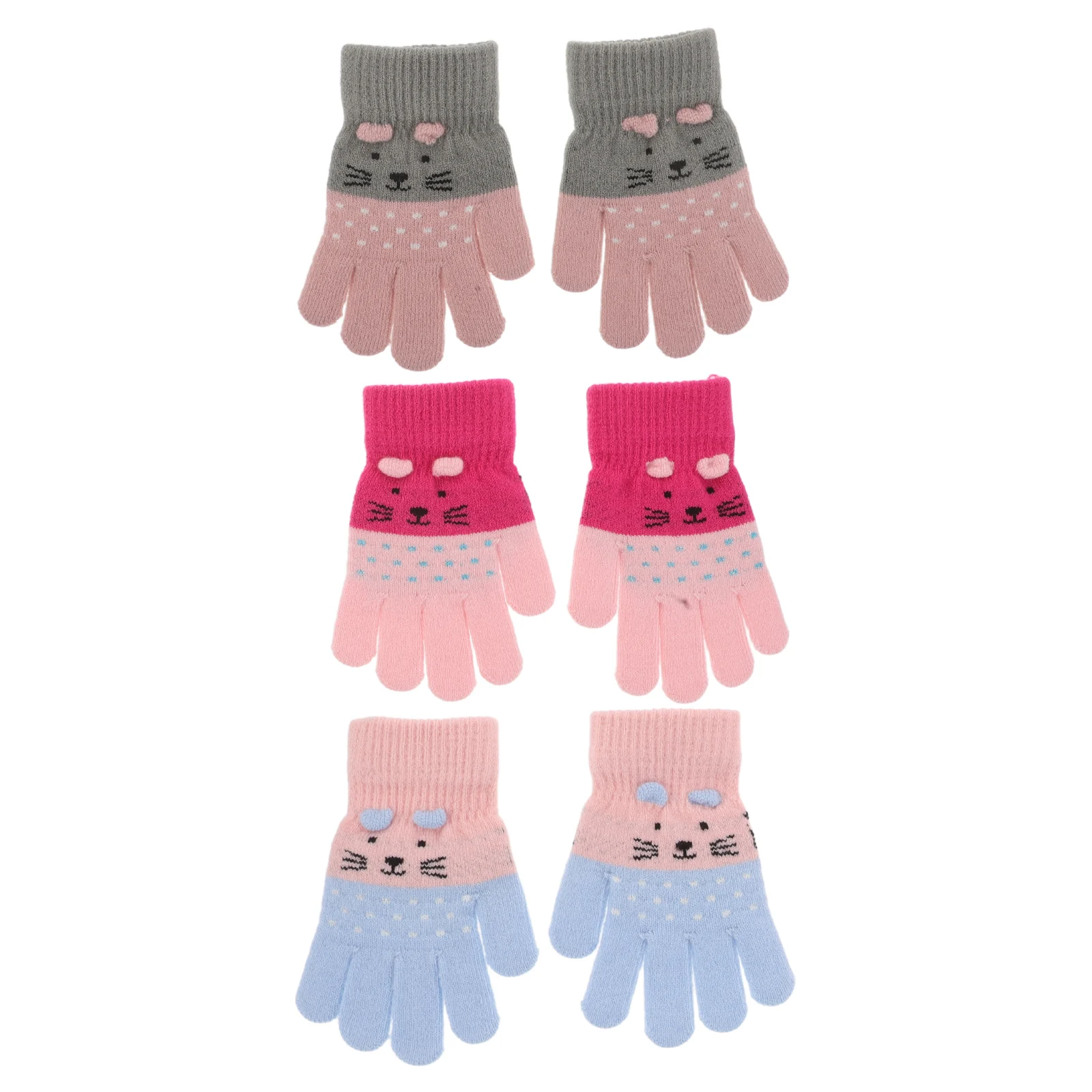 

6pcs Cute Cat Winter Warm Gloves Knitted Mittens Full-Finger Design Animal Soft Snow Skating Wrist Warmers Cartoon