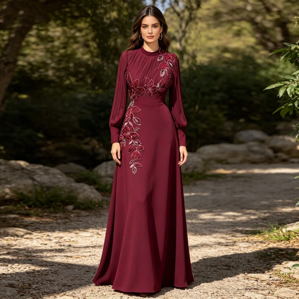 Maßgeschneidertes Elegantes Dezentes Abendkleid mit Applikationen, Hohem Kragen, A-Linie, Langes Kleid für Formelle Anlässe und Hochzeiten, Klassisch