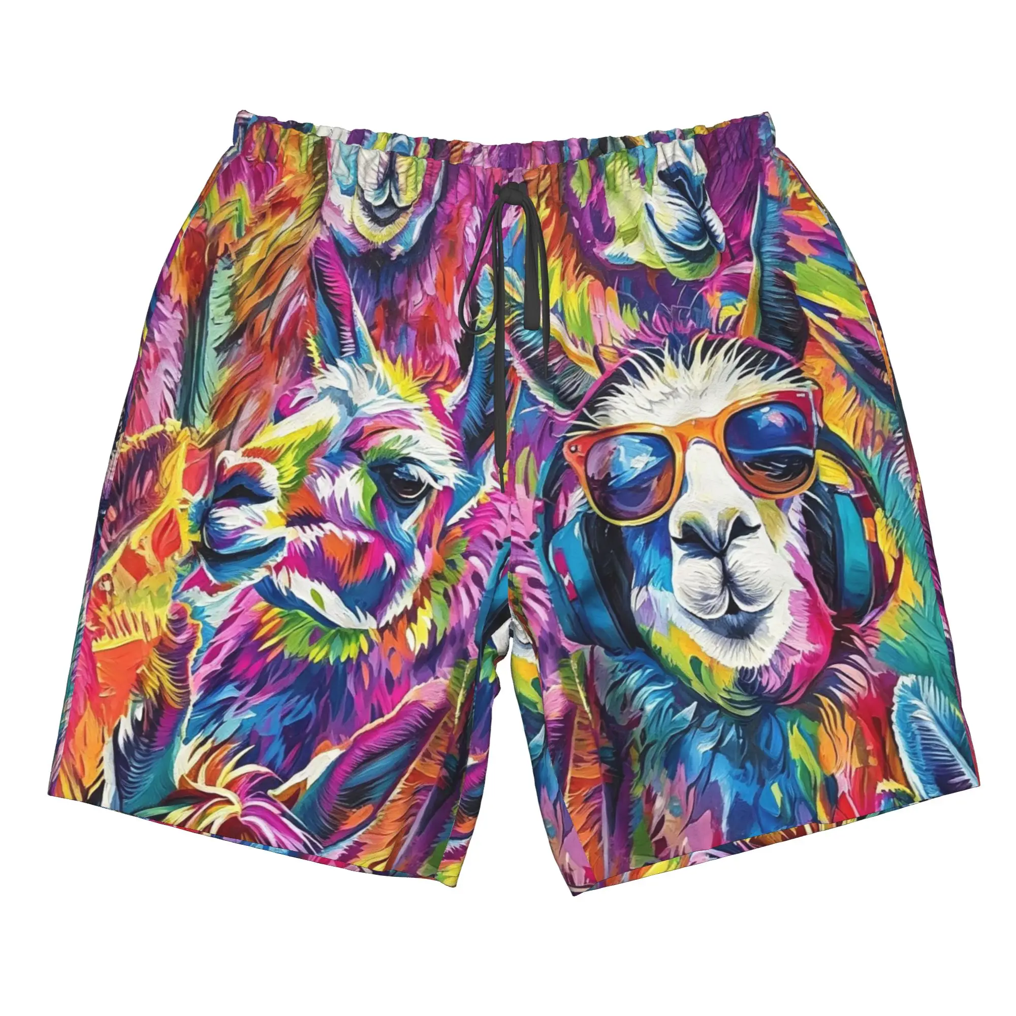 Colorful Graffiti Alpaca Pattern Trunks Beach Board Shorts Casual Quick Dry Swim Summer Men Pants