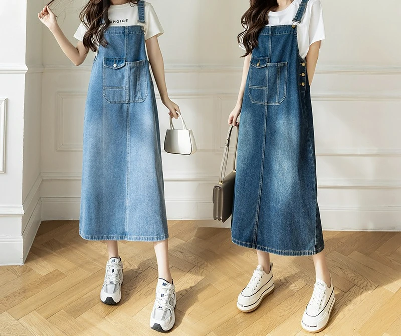 

2026 Spring and Summer New Loose Casual Versatile Denim Strap Skirt Medium and Long Thin Dress Women