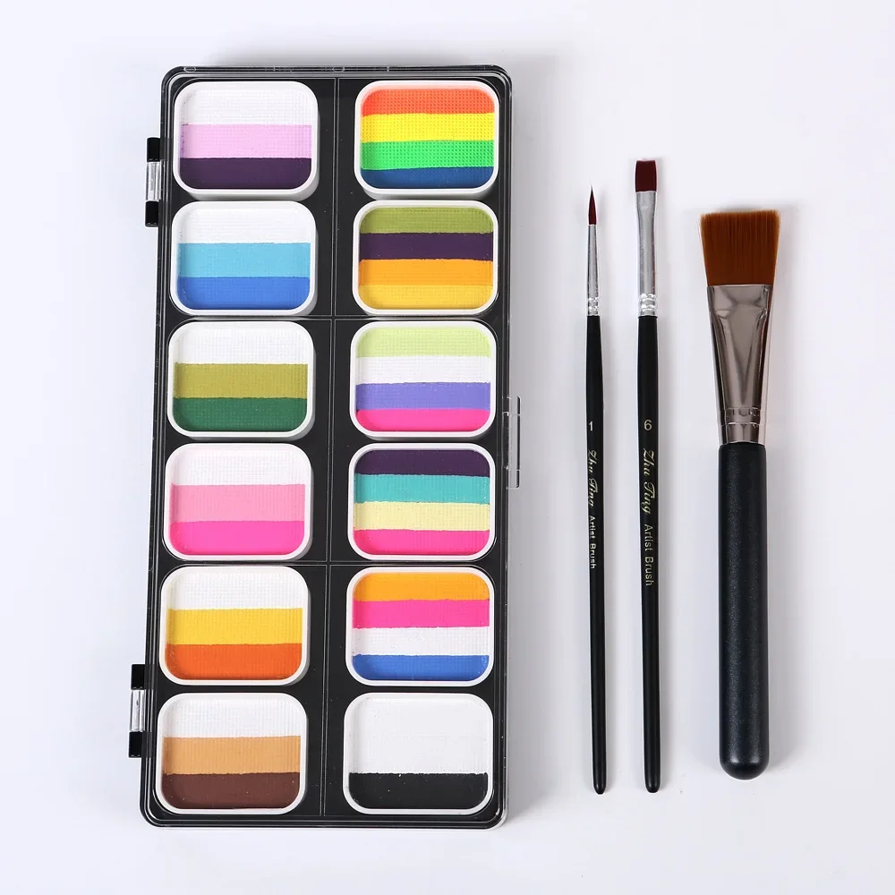 Paleta de pintura de cara dividida de arcoíris de 12 Colores para niños, Bandera de Halloween y Navidad, delineador acuático a base de agua, maquillaje de cosplay