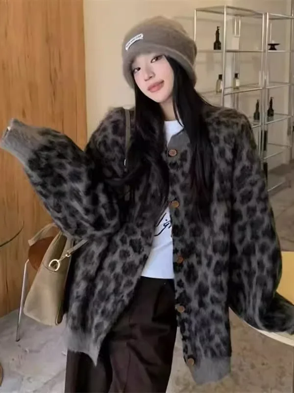 

Теплый вязаный свитер с леопардовым принтом в стиле ретро, пальто, свободная повседневная осенне-зимняя верхняя одежда, кардиган, элитный женский топ