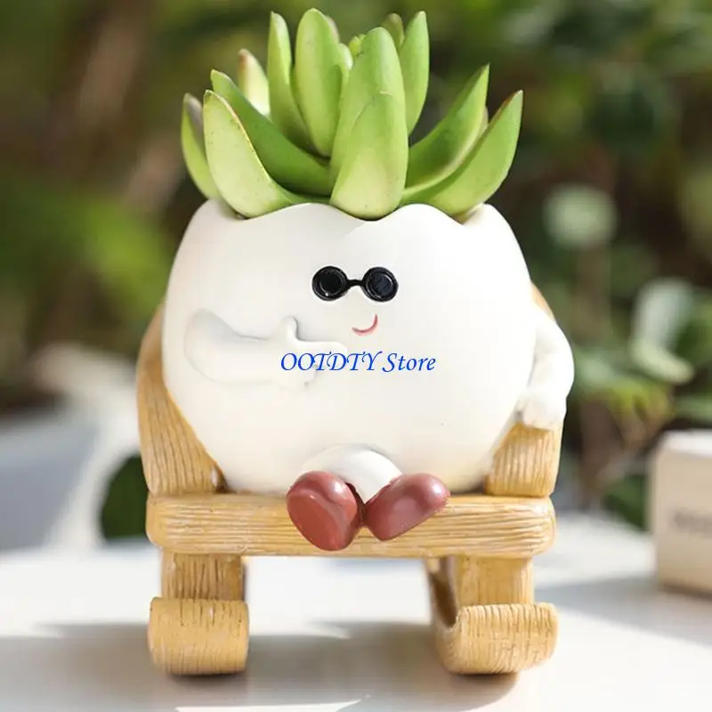 367A Rocking Chair Faces Planter with Drainage Hole Lovely Head Planter for Indoor Outdoor Plant Succulents