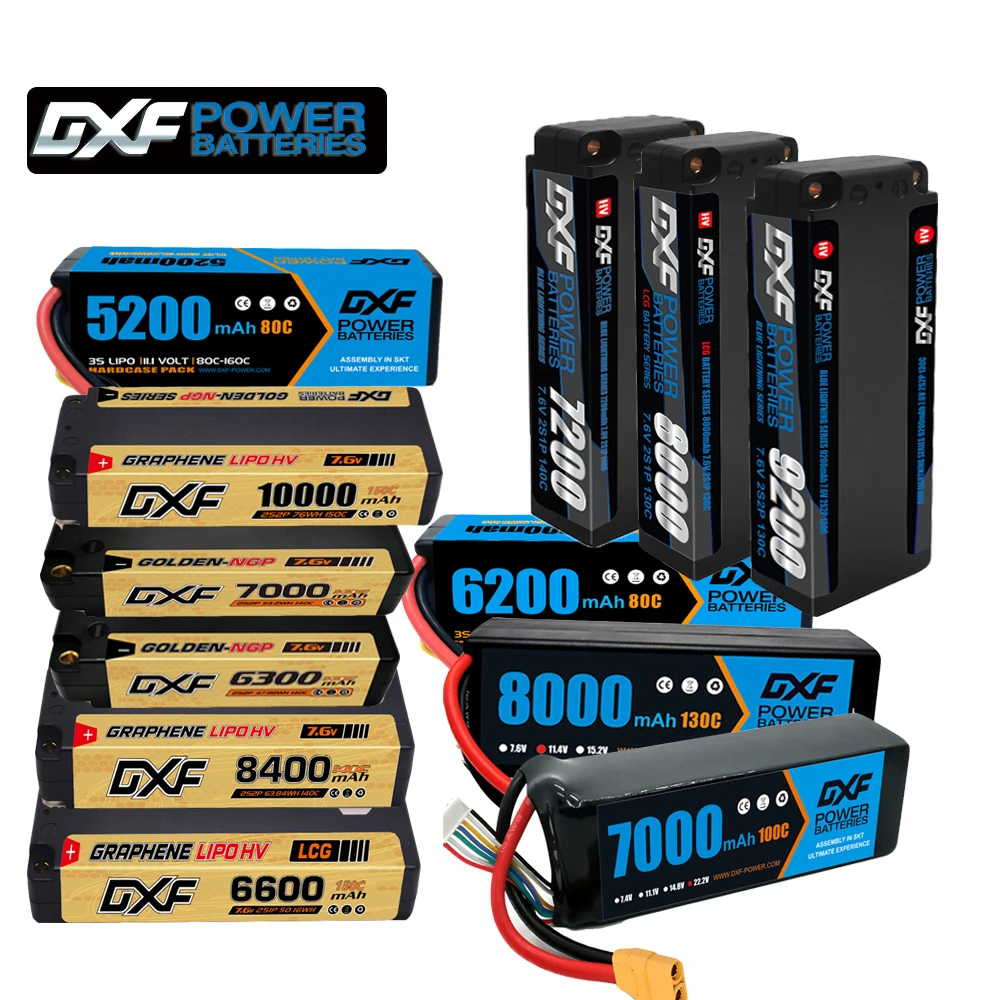 DXF Lipo 2S 3S 6S Battery 7.6V 14.8V 15.2V 22.2V 10000mah 9200mah 8400mah 8000mah 7200mah 6600mah 6200mah 5200mah 5mm Bullet