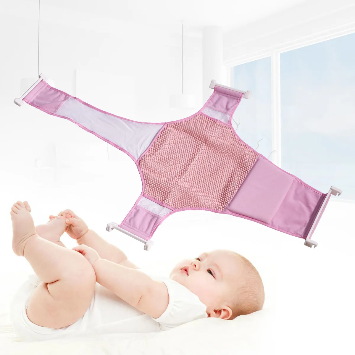 

Baby Bath Mesh Net for Tub Seat Support Sling Infant Bath Hammock with Anti-Slip Design Sponge Pillow Head Neck Support Pink