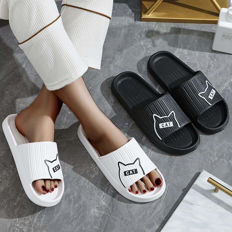 New Trend Summer Cartoon Cat Couple Home Shoes Non-slip Flat Slides Lithe Sandals For Women Men Slippers Male Indoor Flip Flops