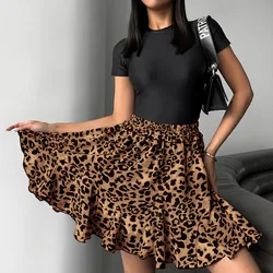 2024 Jesienna nowa moda Retro Wysoka talia Leopard Printed Mini spódniczka dla kobiet Odzież damska Asymetryczne spódnice o linii A