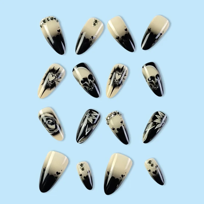 24pcs Black Punk Skull Rose Rhinestone Halloween Fashion Press on Acrylic Nails Cheap Fake Nails with Glue Stiletto False Nails