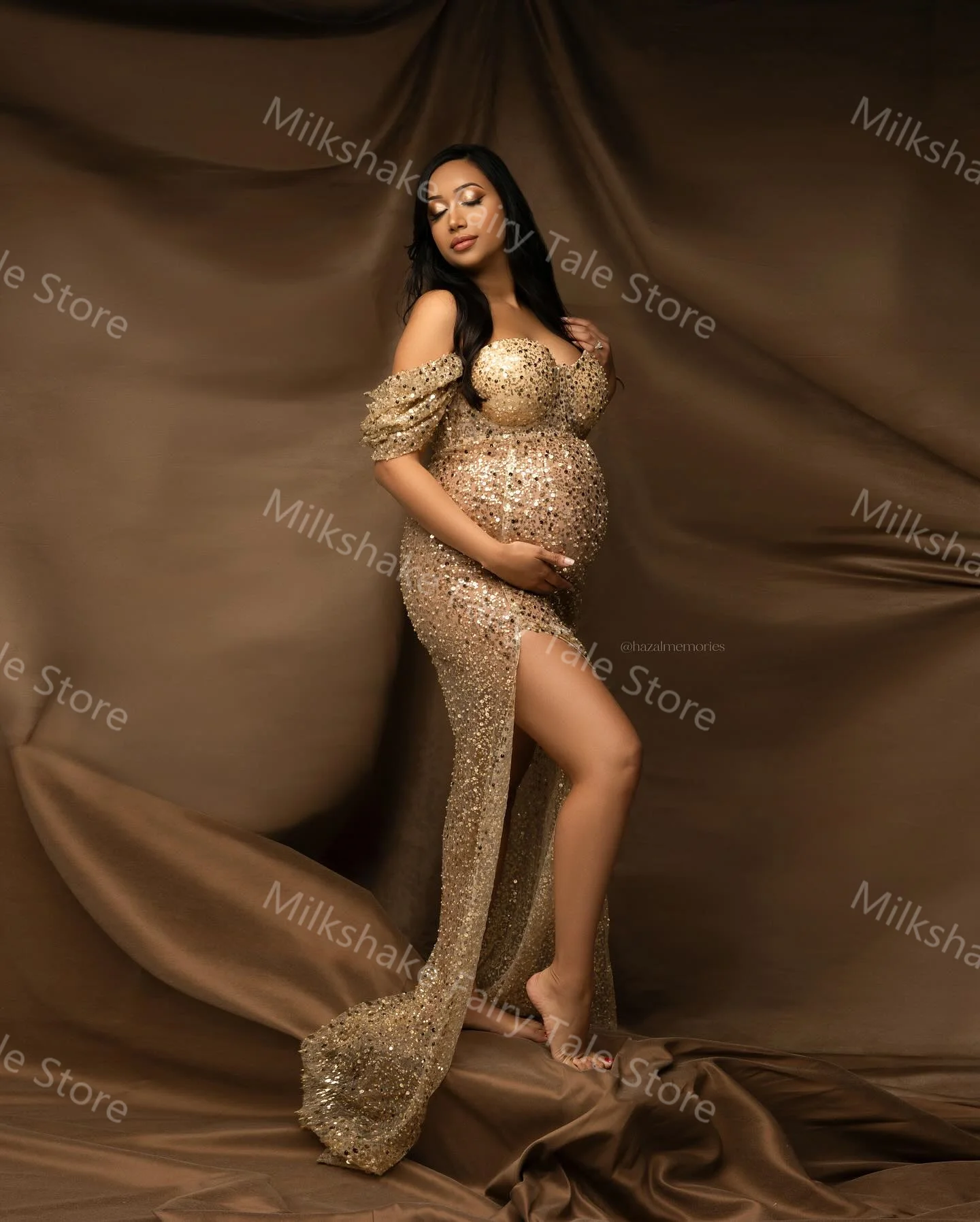 Sexy Gold Sequins Maternity Robes Off Shoulder Glitter Photography Pregnant Women Dresses Customized Side Split Babyshower Gowns