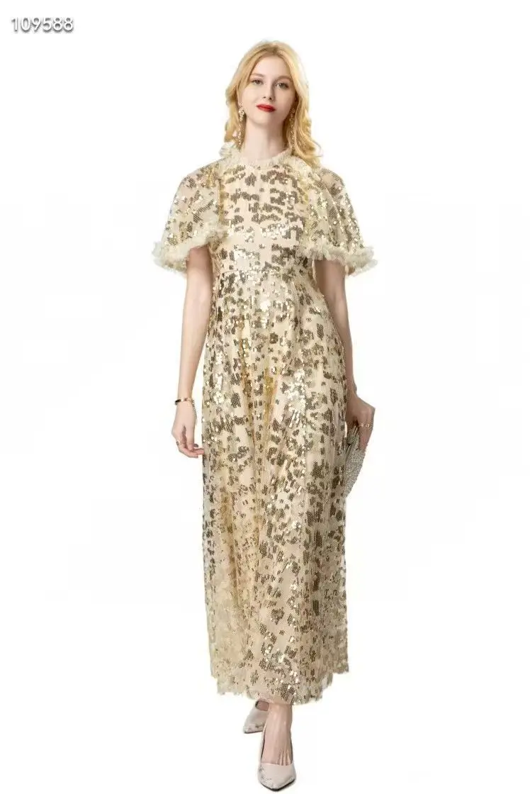 Autumn New Stand Collar Retro Style Cape Sleeves Splicing Lotus Leaf Edge High Waist Sequin Embroidered Women's Long Dress S-3XL