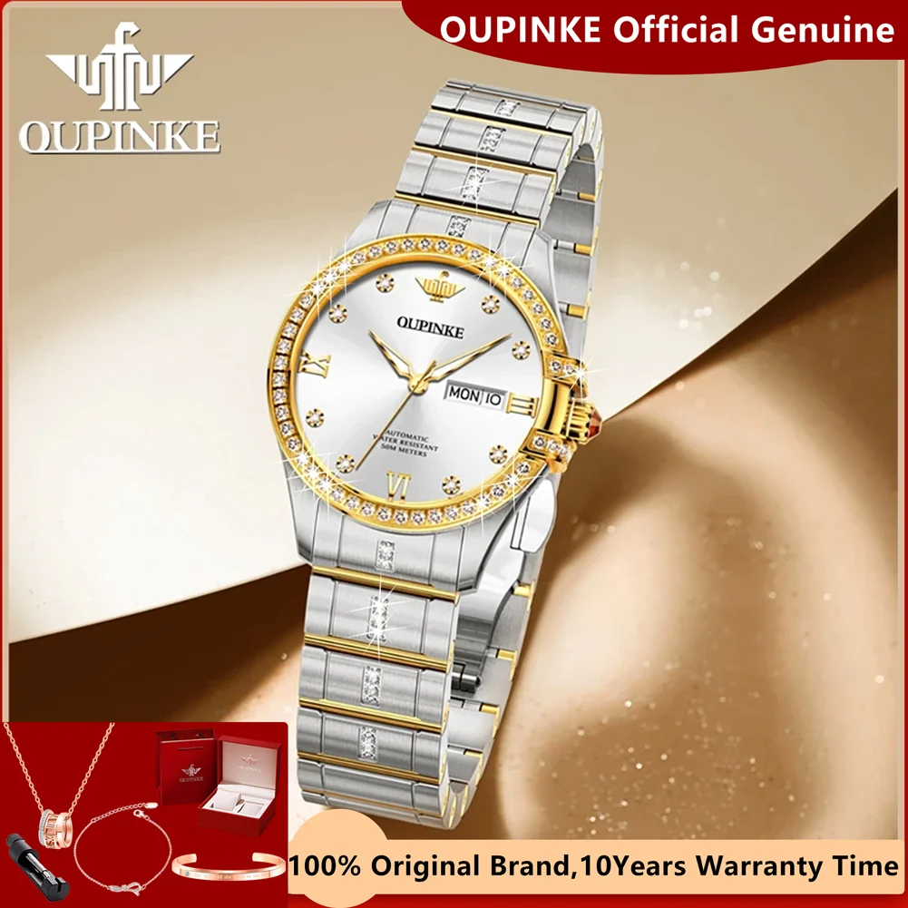 OUPINKE Luxury Automatic Watch for Women Diamond Bezel 5bar Waterproof Auto Date Original Impored Movement Mechanical Wristwatch